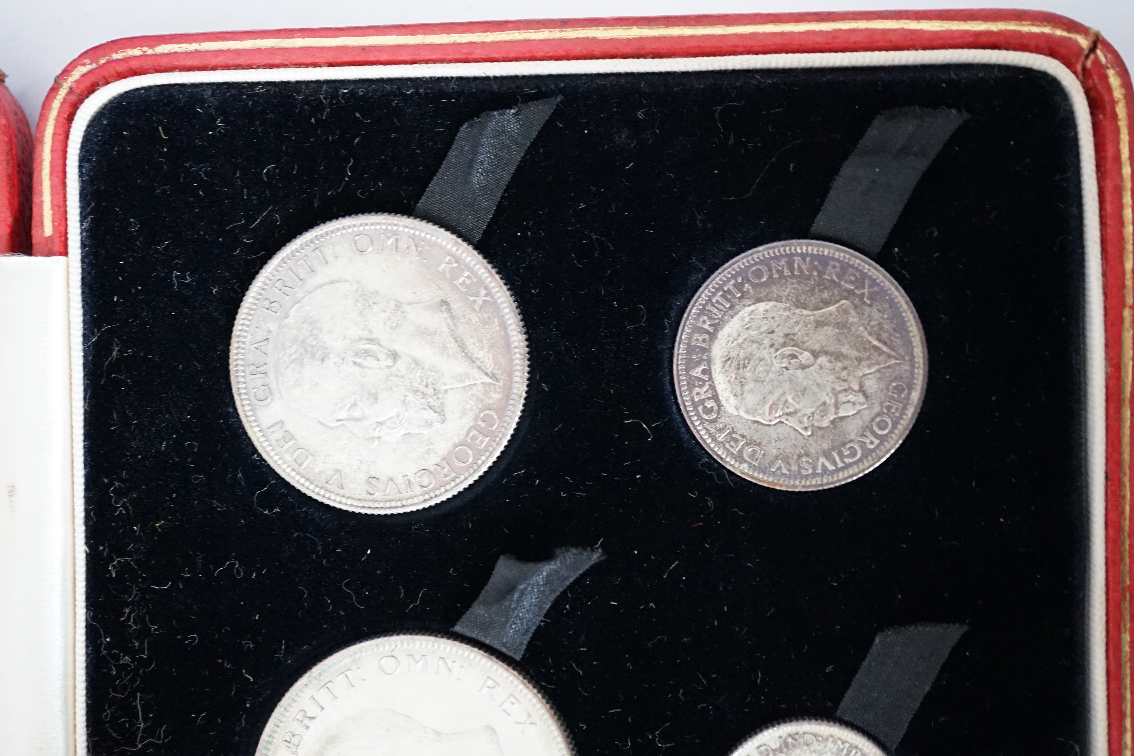 British silver coins, George V ‘New Type’ six coin set, 1927, wreath crown to threepence, UNC, toned, in case of issue
